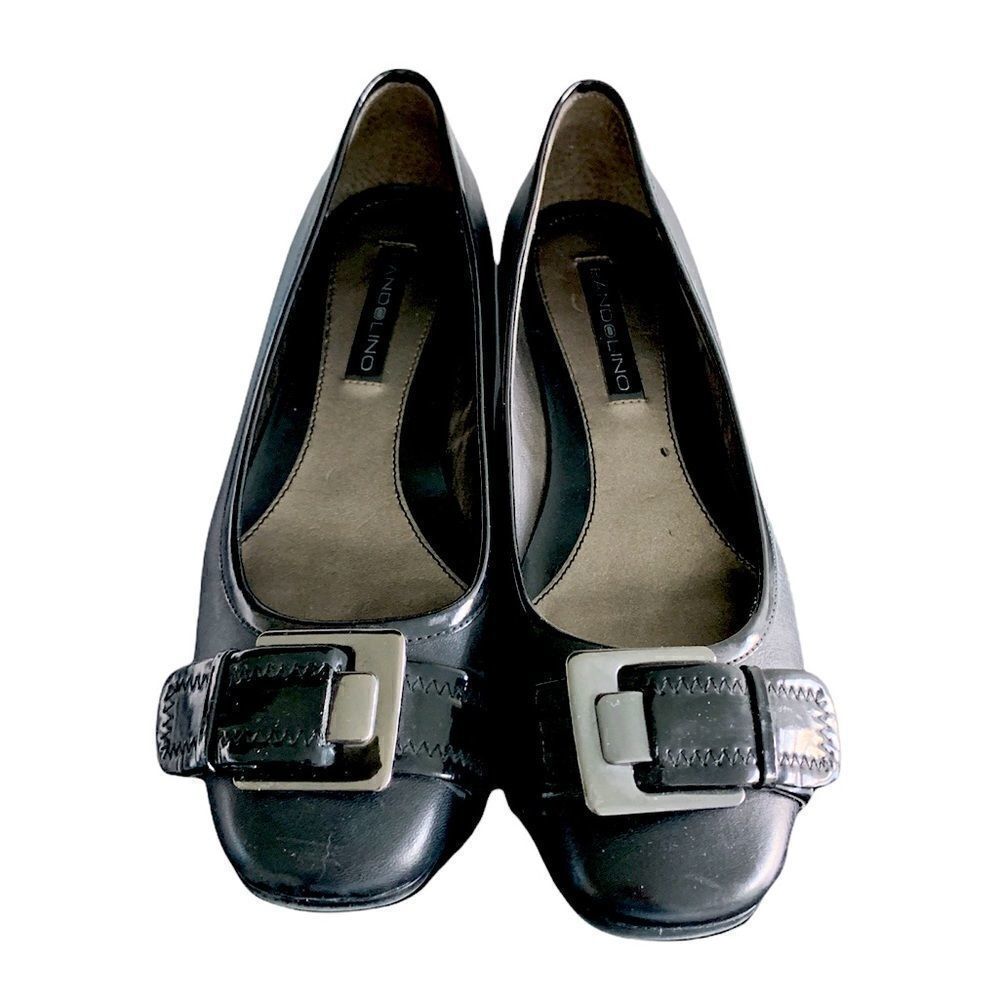 Bandolino black leather wedge flats buckle front new 6